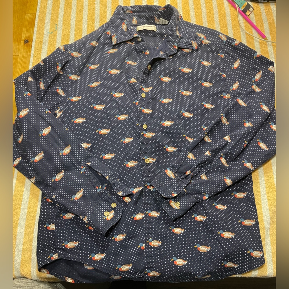 DUCK PRINT NAVY BUTTON DOWN LONG SLEEVE SHIRT BOYS SIZE 10 POTOMAC COLLECTION